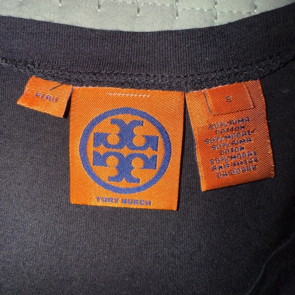 TORY BURCH Splattered Gold Foil Logo Black Long Sleeve T-Shirt Top Size S EUC - Picture 7 of 9